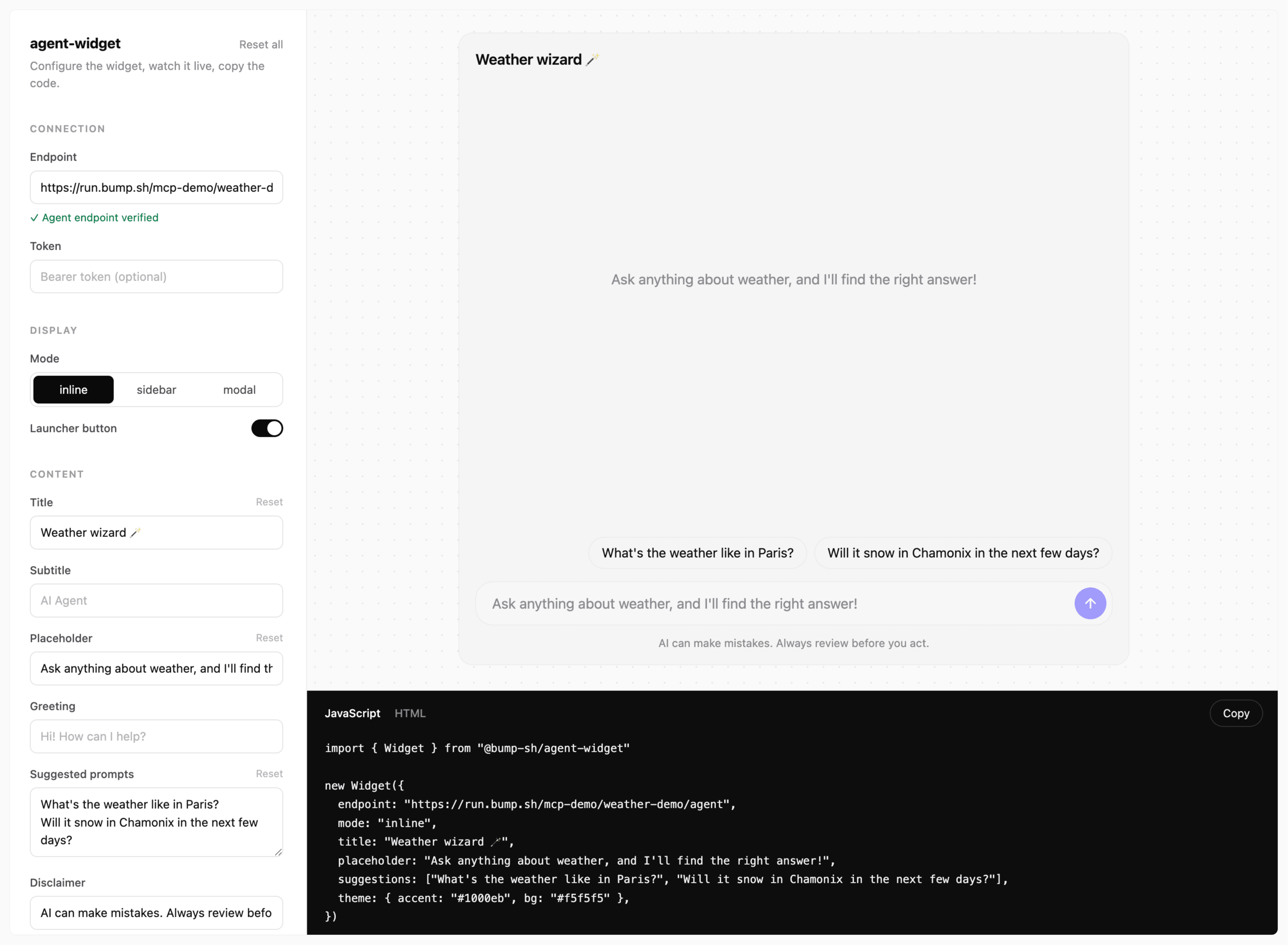Agent playground showing a live widget preview next to the generated code snippet